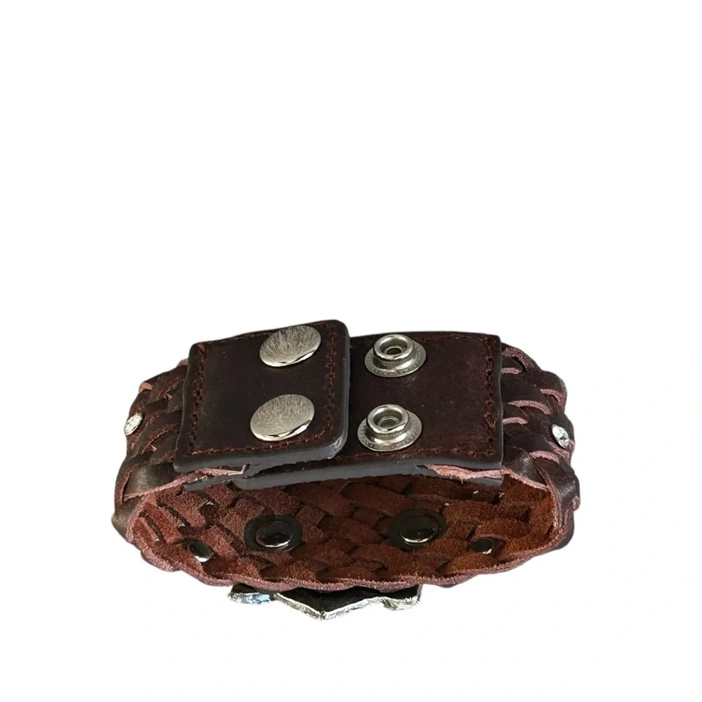 Brown Leather Snap Bracelet‎ w/ Rhinestone Flower
